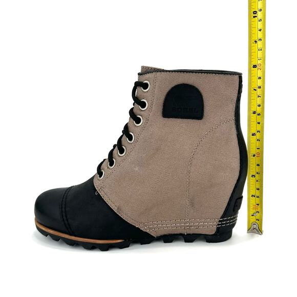 Sorel PDX Black/Tan Wedge Bootie Size 10 Leather/Canvas Waterproof Lace-Up New - Picture 15 of 15